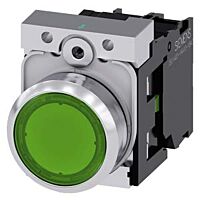 SIEMENS Tlačítko, osvětlené, 22 mm, kulaté, kov, s vysokým leskem, zelená, knoflík stiskací, 1 NO