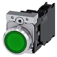 SIEMENS Tlačítko, osvětlené, 22 mm, kulaté, kov, s vysokým leskem, zelená, knoflík stiskací, 1 NO + 1 NC