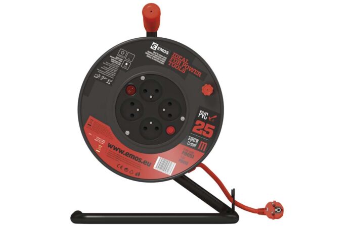 EMOS Přívod prodlužovací 25m  zásuvky 4x230/16A IP20 s bubnem červená (H05VVF3G 3x1,5)