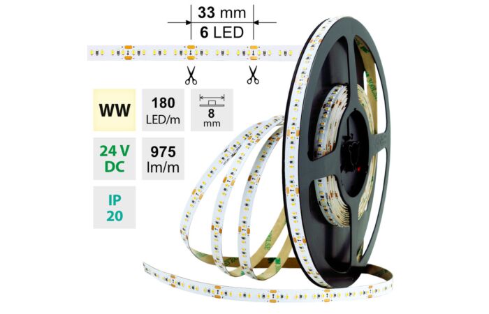MCLED Pásek LED SMD2216 WW, 180LED/m, 12W/m, 975lm/m, IP20, DC 24V, 8mm, 30m