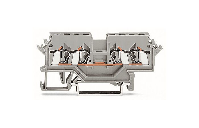 WAGO Svorka 280-621 4vodičová, řadová, průchozí, boční držáky značení, na DIN lištu 35 × 15 a 35 × 7,5, CAGE CLAMP®, 2,50 mm², šedá