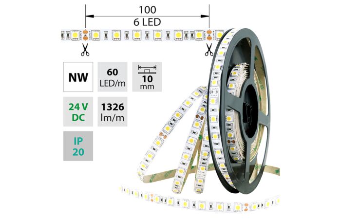 MCLED Pásek LED SMD5050 NW, 60LED/m, 14,4W/m, 1296lm/m, IP20, DC 24V, 10mm, 5m