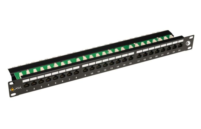 SOLARIX Patch panel UTP 24xRJ45 CAT6 s vyvazovací lištou černý 1U 19" nestíněný