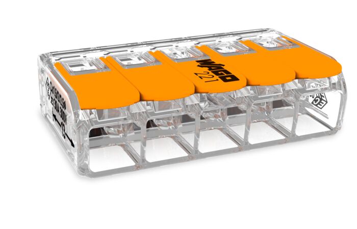 WAGO Svorka krabicová 221-615 páčková spojovací pro všechny druhy vodičů 5 x 6 mm² oranžová/transparentní