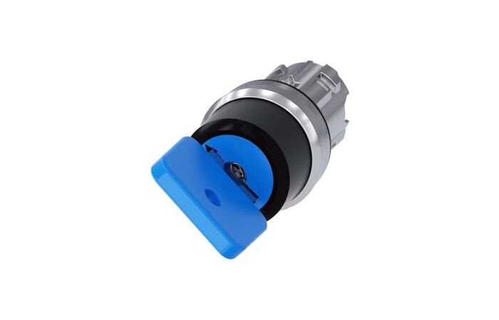 SIEMENS Spínač klíčový O.M.R 22 mm, kulatý, kov, s vysokým leskem, modrá, vytažení klíče O