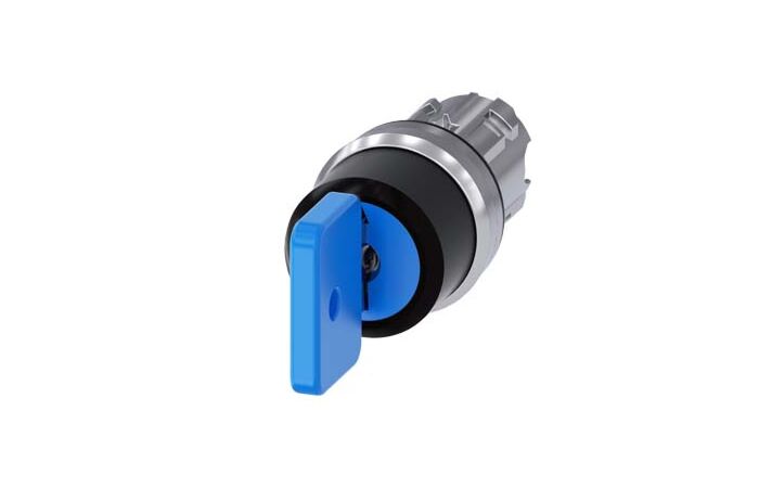 SIEMENS Spínač klíčový O.M.R 22 mm, kulatý, kov, s vysokým leskem, modrá, vytažení klíče I+O+II
