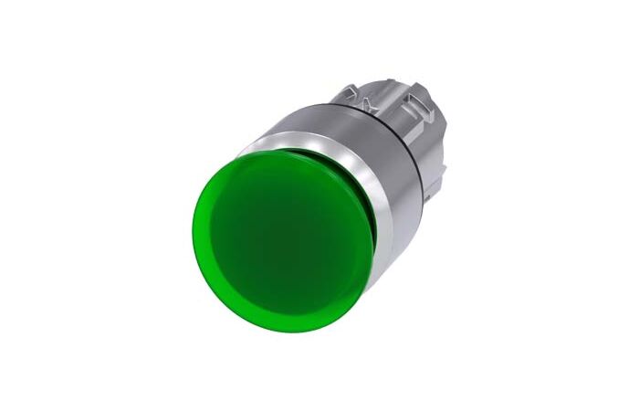 SIEMENS Tlačítko hřibové, osvětlené, 22 mm, kulaté, kov, s vysokým leskem, zelená, 30 mm