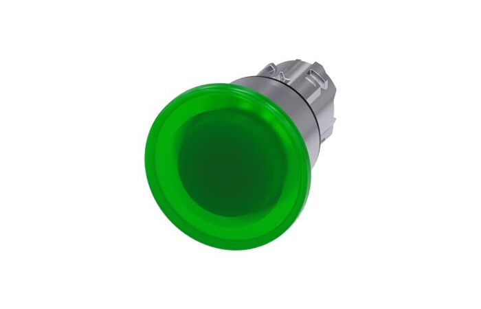 SIEMENS Tlačítko hřibové, osvětlené, 22 mm, kulaté, kov, s vysokým leskem, zelená, 40 mm