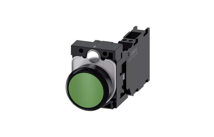 SIEMENS Tlačítko, 22 mm, kulaté, plast, zelená, knoflík stiskací, 1 NO + 1 NC