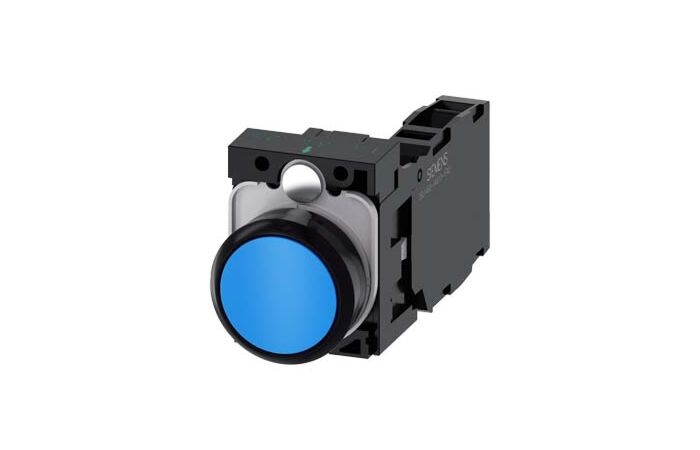 SIEMENS Tlačítko, 22 mm, kulaté, plast, modrá, knoflík stiskací, 1 NO + 1 NC
