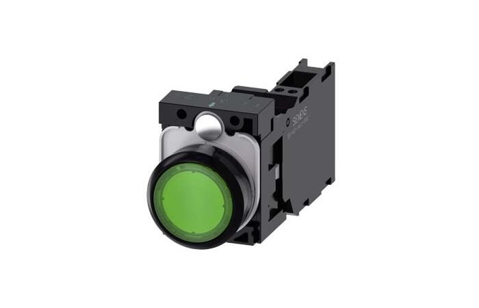 SIEMENS Tlačítko, osvětlené, 22 mm, kulaté, plast, zelená, 1 NO + 1 NC, AC/DC 24V