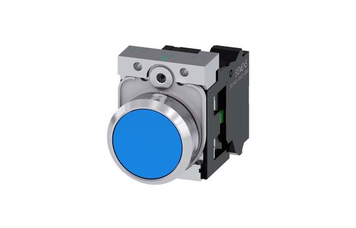 SIEMENS Tlačítko, 22 mm, kulaté, kov, s vysokým leskem, modrá, knoflík stiskací, 1 NO