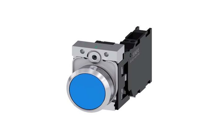SIEMENS Tlačítko, 22 mm, kulaté, kov, s vysokým leskem, modrá, knoflík stiskací, 1 NO + 1 NC