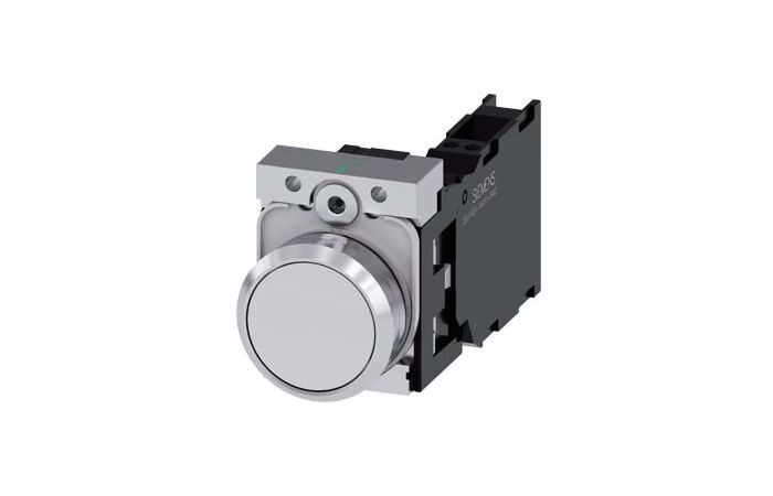 SIEMENS Tlačítko, 22 mm, kulaté, kov, s vysokým leskem, bílá, knoflík stiskací, 1 NO + 1 NC