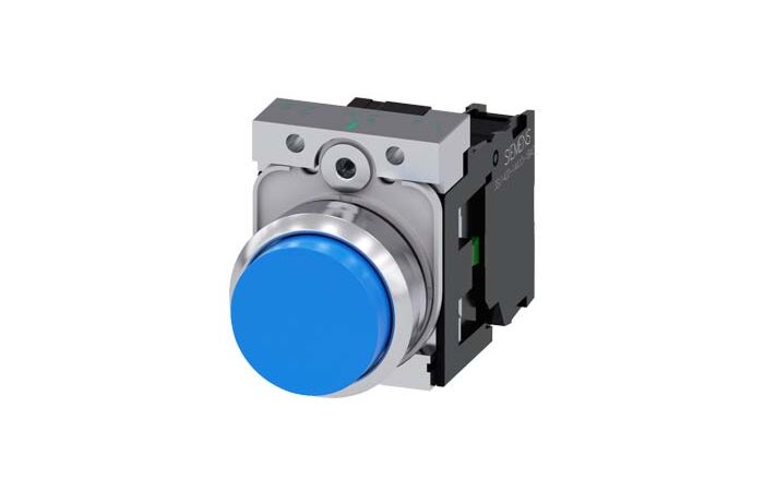 SIEMENS Tlačítko, 22 mm, kulaté, kov, s vysokým leskem, modrá, knoflík stiskací, 1 NO