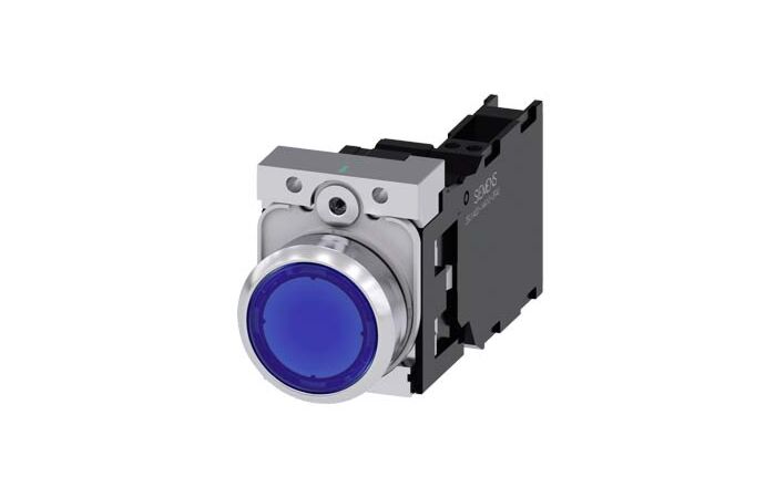 SIEMENS Tlačítko, osvětlené, 22 mm, kulaté, kov, s vysokým leskem, modrá, knoflík stiskací, 1 NO + 1 NC