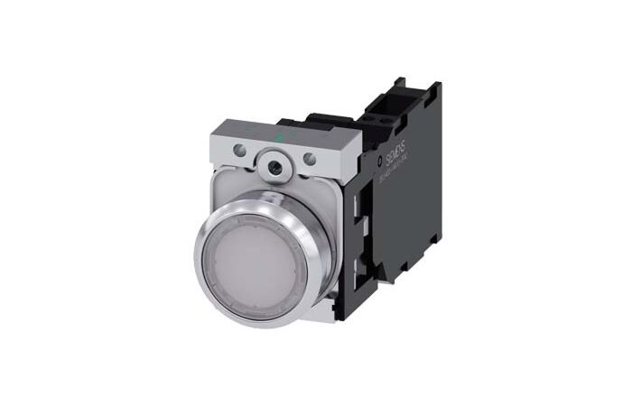 SIEMENS Tlačítko, osvětlené, 22 mm, kulaté, kov, s vysokým leskem, bílá, knoflík stiskací, 1 NO + 1 NC