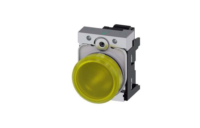 SIEMENS Signálka 22 mm, kulatá, kov, s vysokým leskem, žlutá barva, čočka, hladká, AC230V