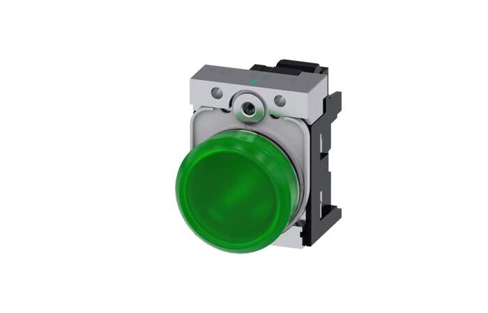 SIEMENS Signálka 22 mm, kulatá, kov, s vysokým leskem, zelená, čočka, hladká, AC230V