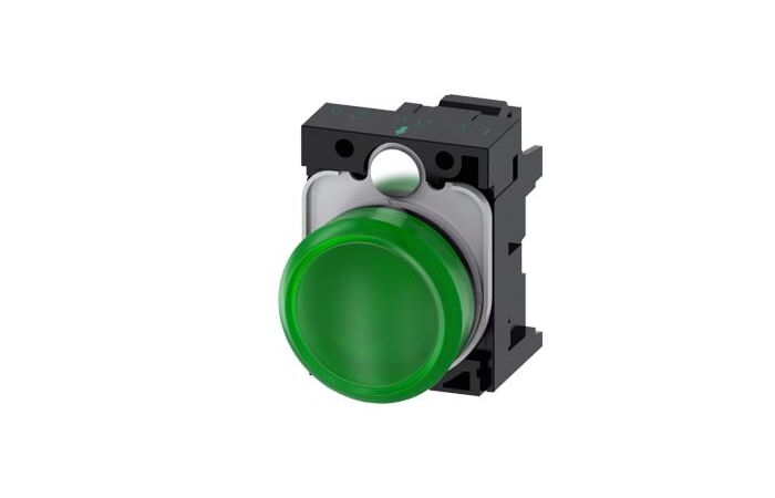SIEMENS Signálka 22 mm, kulatá, plast, zelená, čočka, hladká, AC230V