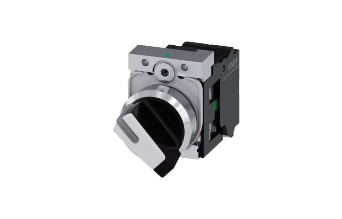 SIEMENS Spínač otočný, prosvětlený, 22 mm, kulatý, kov, s vysokým leskem, bílý, 1 NO + 1 NC