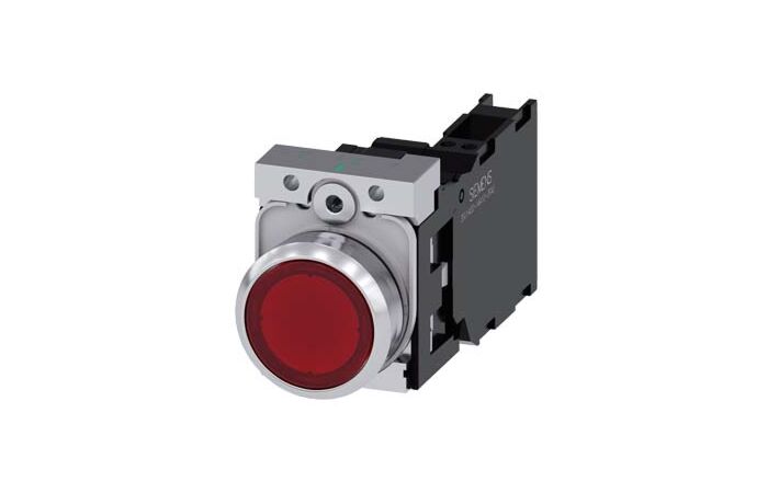 SIEMENS Tlačítko, osvětlené, 22 mm, kulaté, kov, s vysokým leskem, červená, knoflík stiskací, 1 NO + 1 NC