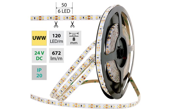 MCLED Pásek LED SMD3528 UWW, 120LED/m, IP20, DC 24V, 8mm, bÄ‚Â­lÄ‚Ëť PCB pÄ‚Ë‡sek, 5m