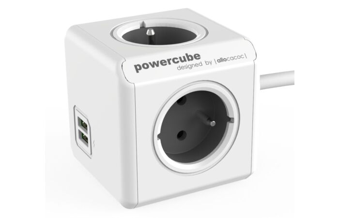ALLOCACOC Rozbočka PowerCube EXTENDED 1,5m dlouhý kabel zásuvka 4x 250V/16A+2 USB porty šedá