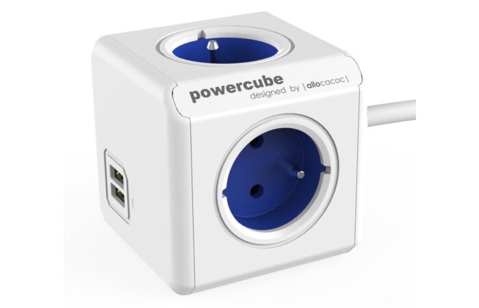 ALLOCACOC Rozbočka PowerCube EXTENDED 1,5m dlouhý kabel zásuvka 4x 250V/16A + 2 USB porty modrá