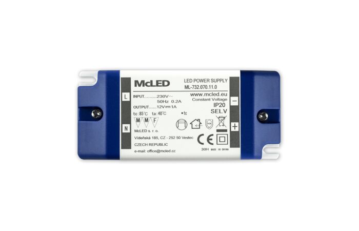 MCLED Napaječ  LED  12V/1A ML-732.070.11.0 IP20, plastové provedení se svorkovnicí