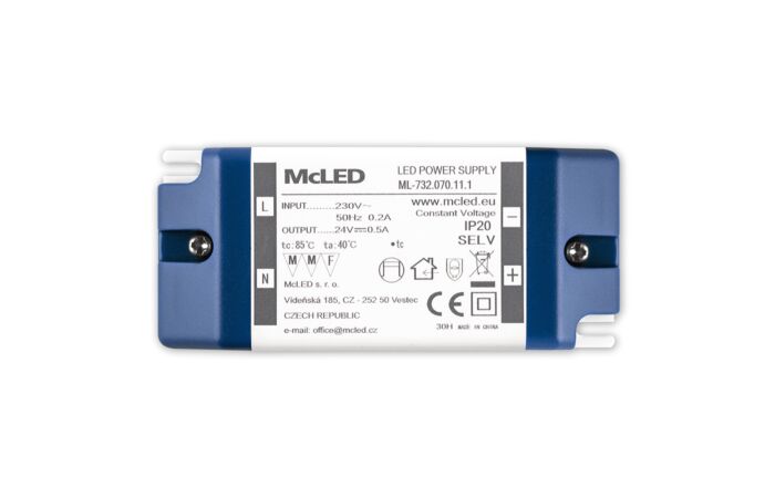 MCLED Napaječ  LED 24V/0,5A ML-732.070.11.1 IP20, plastové provedení se svorkovnicí