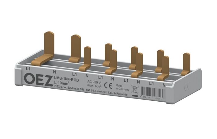 OEZ Propojovací lišta 1+N provedení pro přístroje 1+N v 1modulu, na přívodu 1+N proudový chránič LFE, počet vývodů 4, průřez 10 mm2, kolíky 4  typ LMS-1N4-RCD