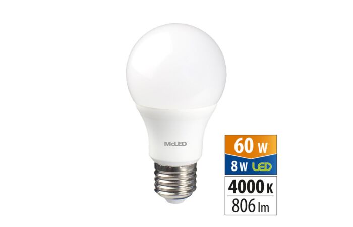 MCLED Žárovka LED 8W-60 E27 806lm 4000K úhel 200°