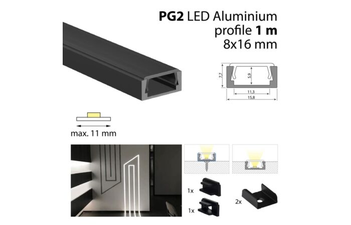 Profil AL 16/8mm PG2 černý 1m komplet