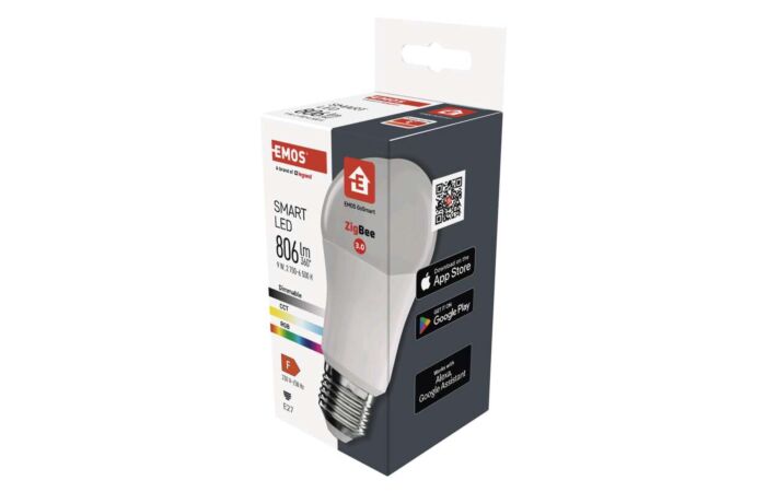 EMOS Žárovka LED smart GoSmart A60 / E27 / 9 W (60 W) / 806 lm / RGB / stmívatelná / Zigbee