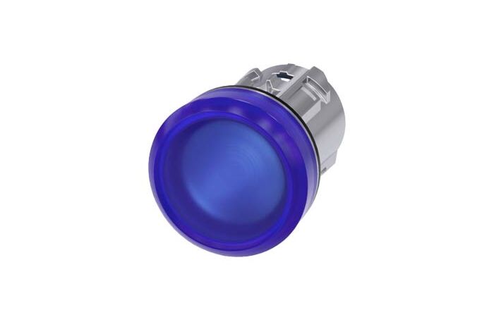 SIEMENS Signálka 22 mm, kulatá, kov, s vysokým leskem, modrá, čočka, hladká