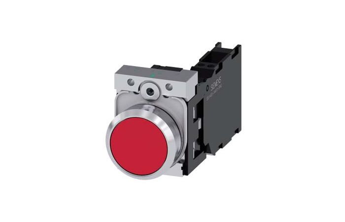 SIEMENS Tlačítko, 22 mm, kulaté, kov, s vysokým leskem, červená, knoflík stiskací, 1 NO + 1 NC