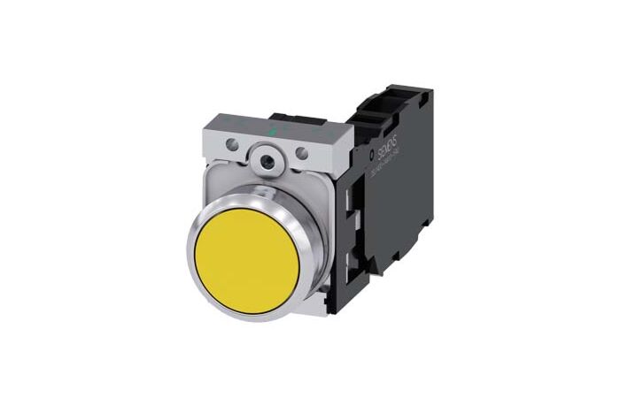 SIEMENS Tlačítko, 22 mm, kulaté, kov, s vysokým leskem, žlutá barva, knoflík stiskací, 1 NO + 1 NC