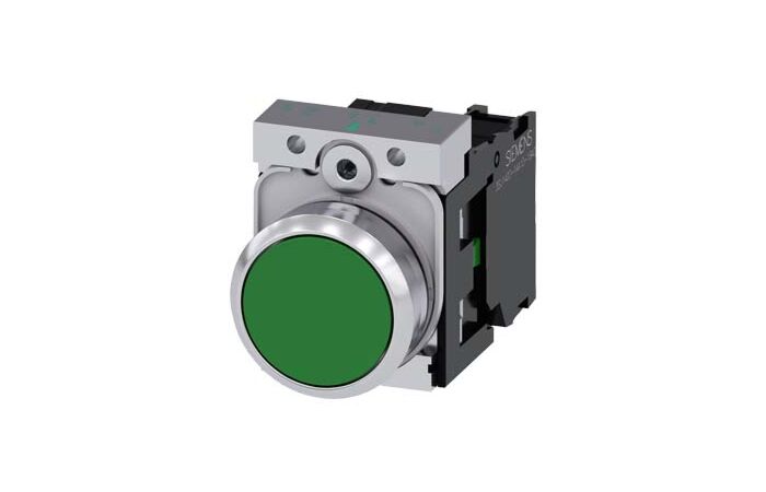SIEMENS Tlačítko, 22 mm, kulaté, kov, s vysokým leskem, zelená, knoflík stiskací, 1 NO