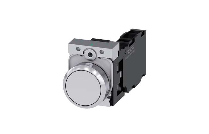 SIEMENS Tlačítko, 22 mm, kulaté, kov, s vysokým leskem, bílá, knoflík stiskací, 1 NO + 1 NC