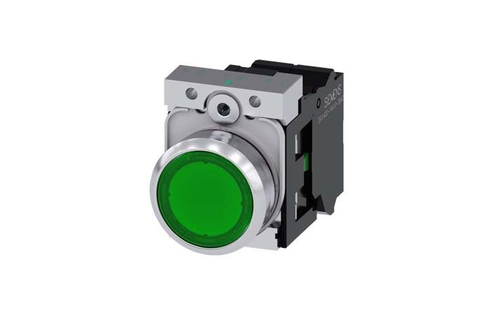 SIEMENS Tlačítko, osvětlené, 22 mm, kulaté, kov, s vysokým leskem, zelená, knoflík stiskací, 1 NO