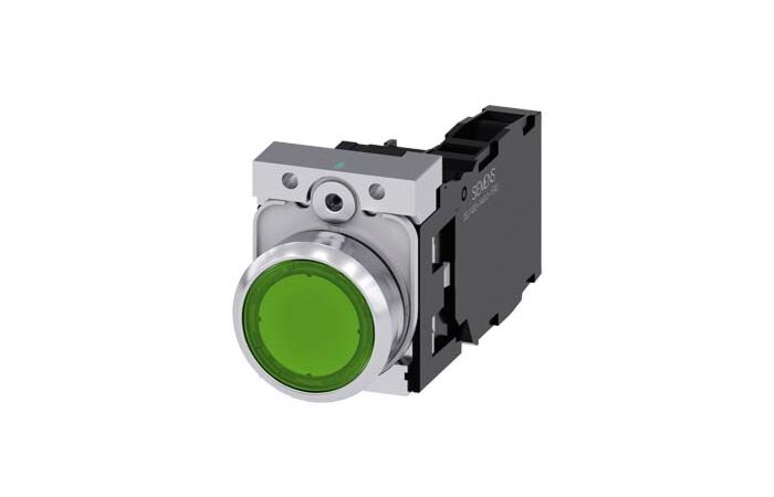 SIEMENS Tlačítko, osvětlené, 22 mm, kulaté, kov, s vysokým leskem, zelená, knoflík stiskací, 1 NO + 1 NC