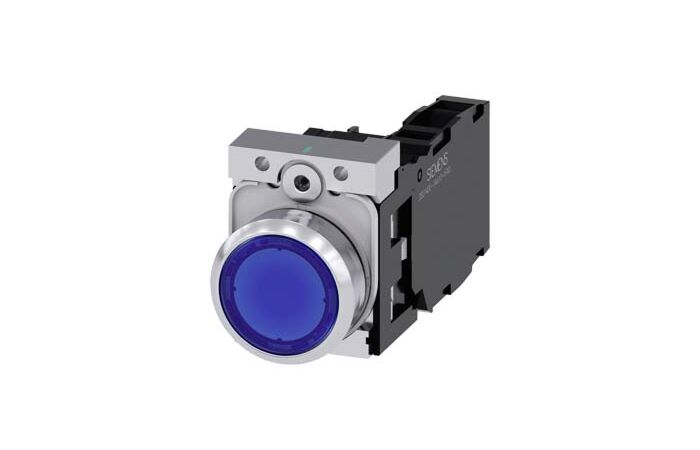 SIEMENS Tlačítko, osvětlené, 22 mm, kulaté, kov, s vysokým leskem, modrá, knoflík stiskací, 1 NO + 1 NC