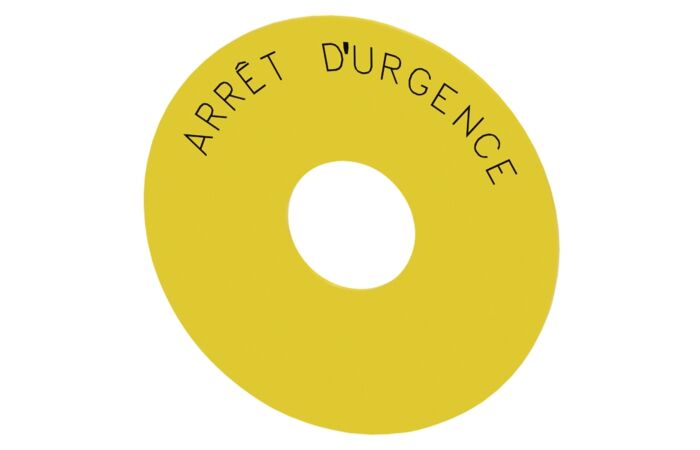 SIEMENS Štítek podkladový kulatý, pro tlačítko hřibové nouzového vypnutí, žlutá barva: ARRET D'URGENCE