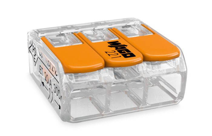 WAGO Svorka krabicová 221-413 páčková spojovací pro všechny druhy vodičů 3 x 4 mm², oranžová/transparentní
