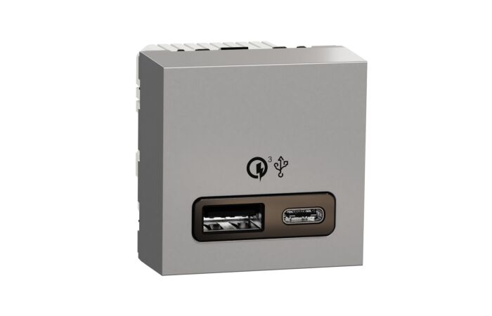 SCHNEIDER Zásuvka Unica - Dvojitý nabíjecí USB konektor A+C 18W, 2.4A, 2M, Aluminium