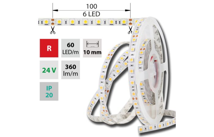 MCLED Pásek LED SMD5050 R, 60LED/m, 14,4W/m, 360lm/m, IP20, DC 24V, 10mm, 50m