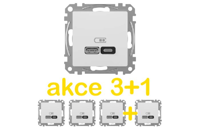 SCHNEIDER Z&aacute;suvka Sedna D/E Dvojit&aacute; USB A+C nab&iacute;ječka 3A 45W, B&iacute;l&aacute; - (1ks zdarma) 4ks v balen&iacute;