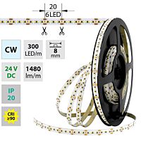 MCLED Pásek LED SMD2216 CW, 300LED/m, 18W/m, DC 24V, 1480lm/m, CRI90, IP20, 8mm, 30m