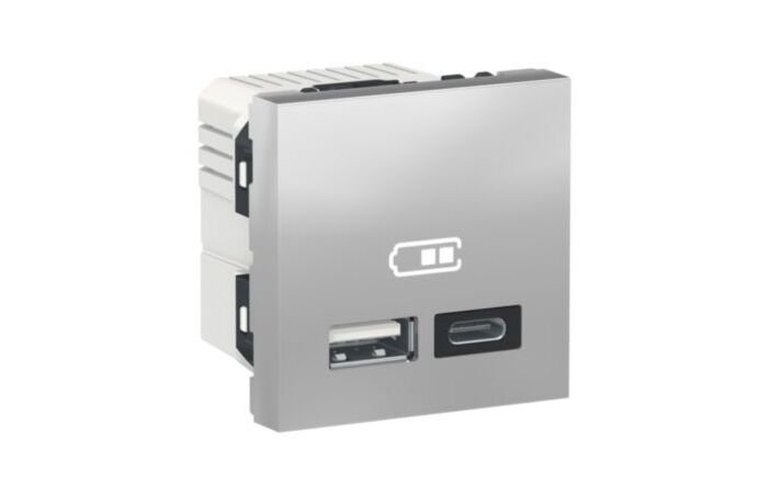 SCHNEIDER Zásuvka Unica - Dvojitý nabíjecí USB konektor A+C 2.4A, 2M, Aluminium